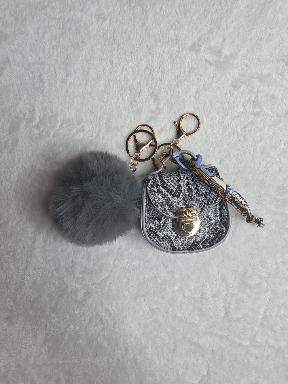 Gray Snake-Print Pom Pom Bag Charm Keychain with Gold Hardware